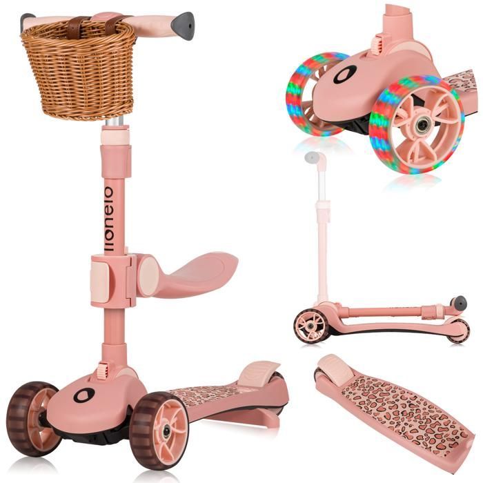 LIONELO Franky children's balance bike/scooter - Light-up wheels - Up to 50 kg - Basket - Foldable - Pink