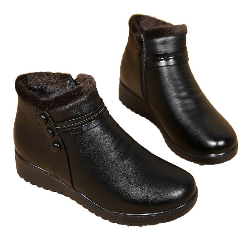 Bottes d'hiver pour femmes, noires et marron, en peluche, imperméables, en cuir, confortables, style mom shoes