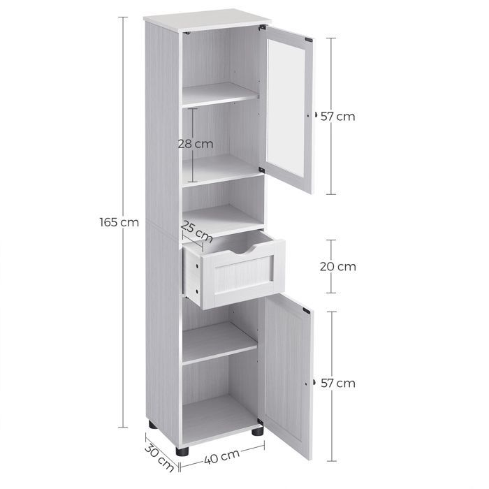 VASAGLE Bathroom Cabinet, Tall Storage Unit with Adjustable Shelves, Door Cabinets, Drawer, Compartment, White Maple