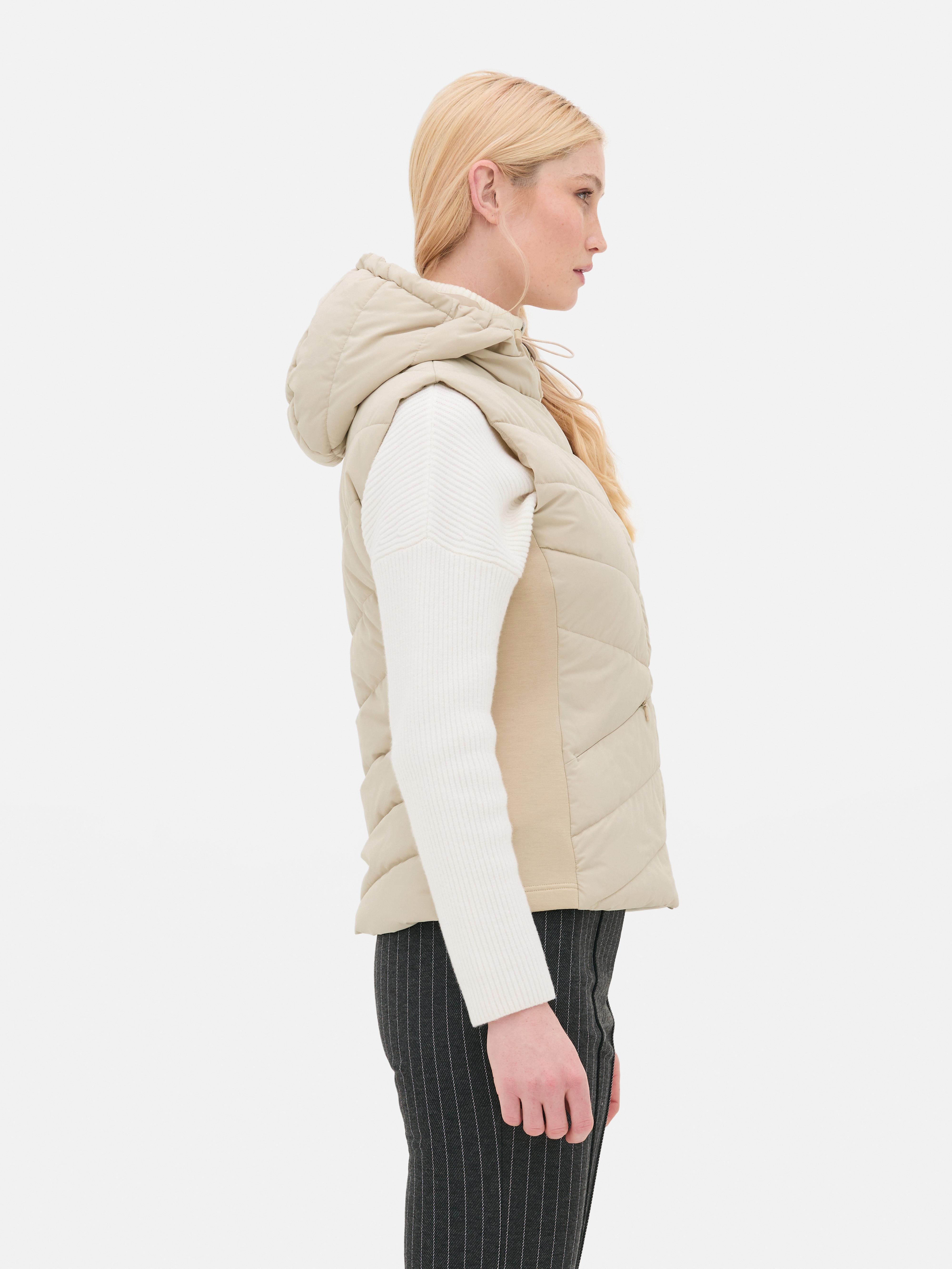 Giacca gilet con cappuccio, cappuccio regolabile con coulisse, cerniera e tasche