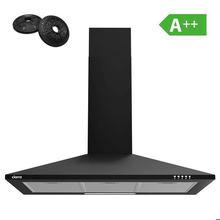 CIARRA 90cm A++ Cooker Hood, 370 m³/h, 3 Speeds, 2 Active Filters, Recirculation or Extraction, Air Filter, Black