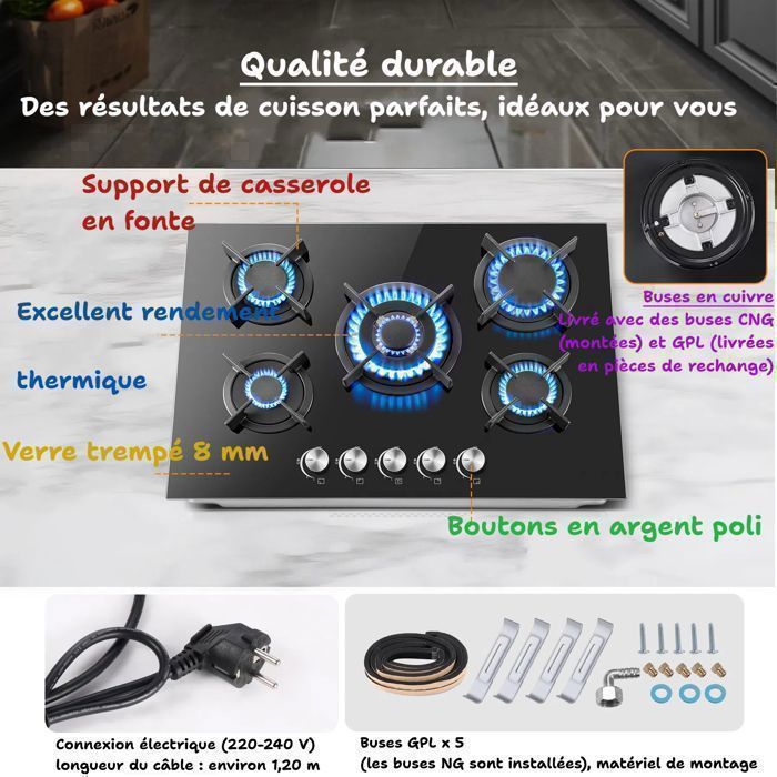 Gas hob - 70 cm wide - 10400 W - 5 burners - Tempered glass - Thermocouple safety - Gas hob