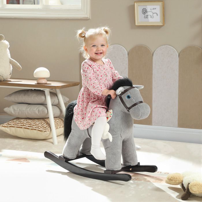 Kinderschaukelpferd – AIYAPLAY – mit Soundeffekten, Griff und Puppe – Plüsch – 71 x 26 x 55 cm – Grau