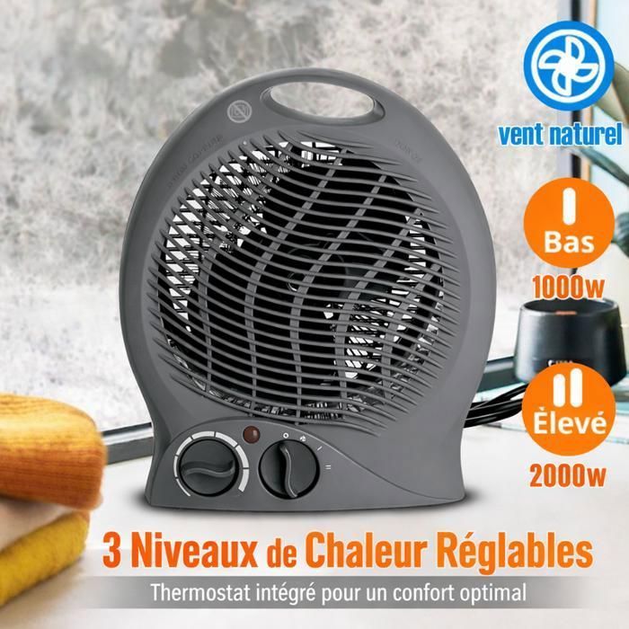 Chauffage d'appoint 2000W, Radiateur Soufflant Portable 2 Niveaux 1000/2000W, Sécurité Anti-Basculement