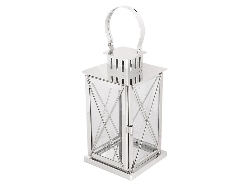 Latarenka metalowa ze szkłem 30 cm srebrna
