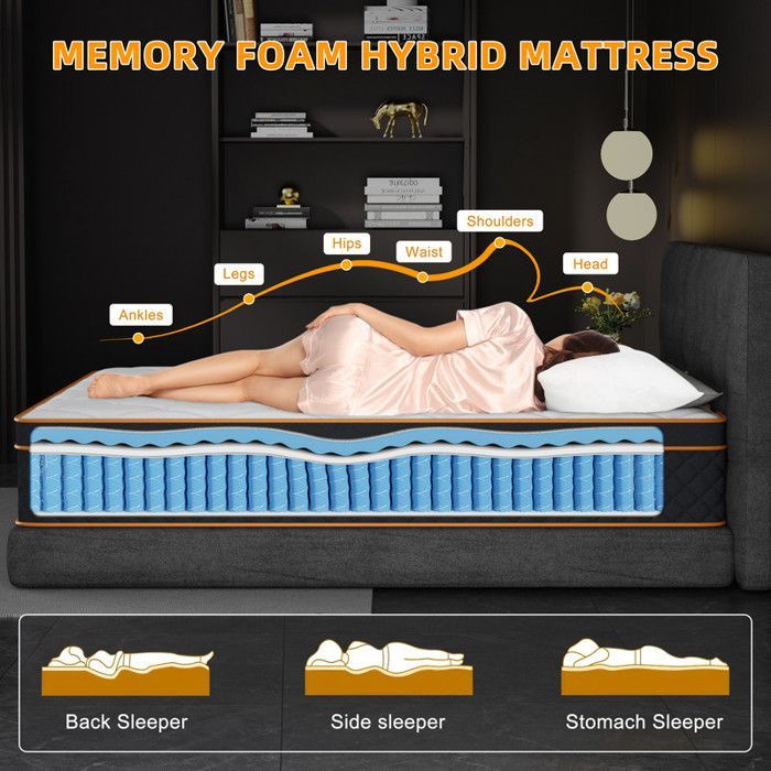 UKING Madrass 160x200 cm - Extra tjock 25 cm - Memory Foam + 7-zoners fjädrar - Hypoallergen och vändbar
