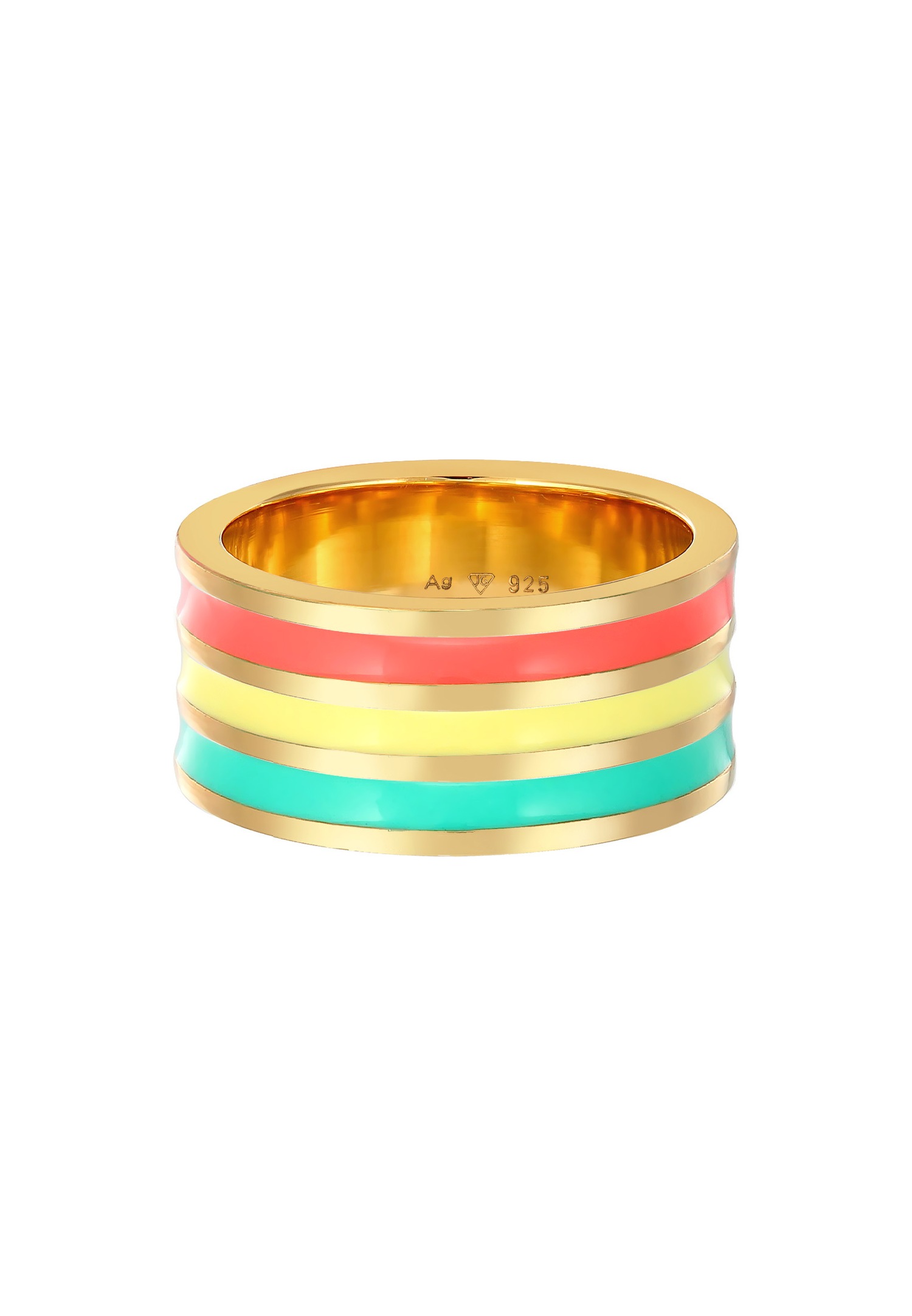 Elli Femmes Bande Large Rainures Tendance avec Émail Multicolore en Argent Sterling 925 Plaqué Or