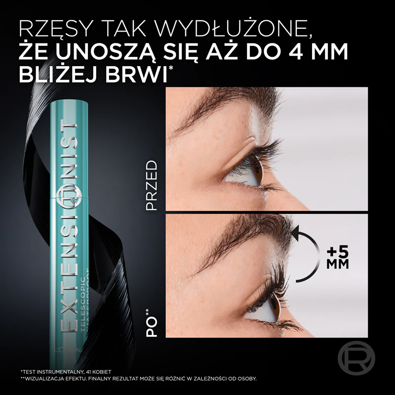 Máscara para cílios à prova d'água Telescopic Extensionist da L'Oréal Paris que alonga, dá volume e curva os cílios.