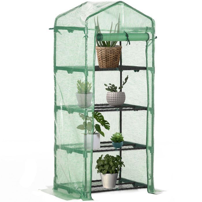 Garden greenhouse - Outsunny - PE shelves, 4 tiers, balcony, reinforced 140 g/m² tarpaulin, flowers - steel - 70x50x160cm - green
