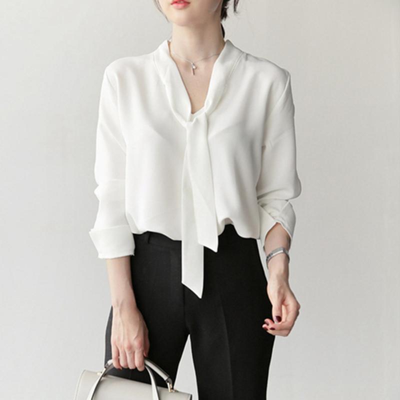 Chemisier blanc en mousseline OL Printemps Automne 2019 pour femme, manches longues, col en V, ruban, haut de bureau, Blusas Mujer S441