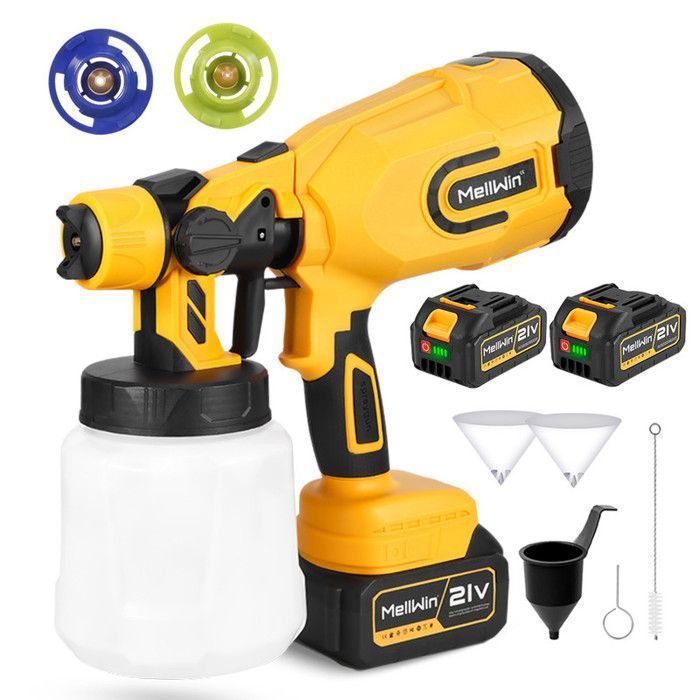 MELLWIN  Pistolet à peinture électrique sans fil 1200ML, 3 buses en cuivre, 2X 3000mAh Batteries