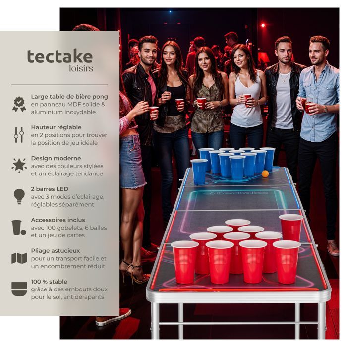 Beerpongtafel - TECTAKE - BEER WARS I tafel met LED-verlichting, gemaakt van aluminium, met 100 bekers, 6 ballen en een pak kaarten.