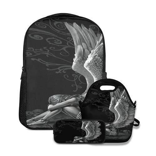 School Backpack Set - Black Angel - 3 pieces (bag, lunch, pencil case) - Water Resistant - Ergonomic