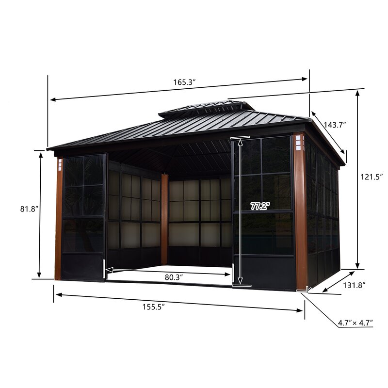 Metalen tuinpaviljoen met twee verdiepingen, 4,27 m breed x 3,67 m diep.