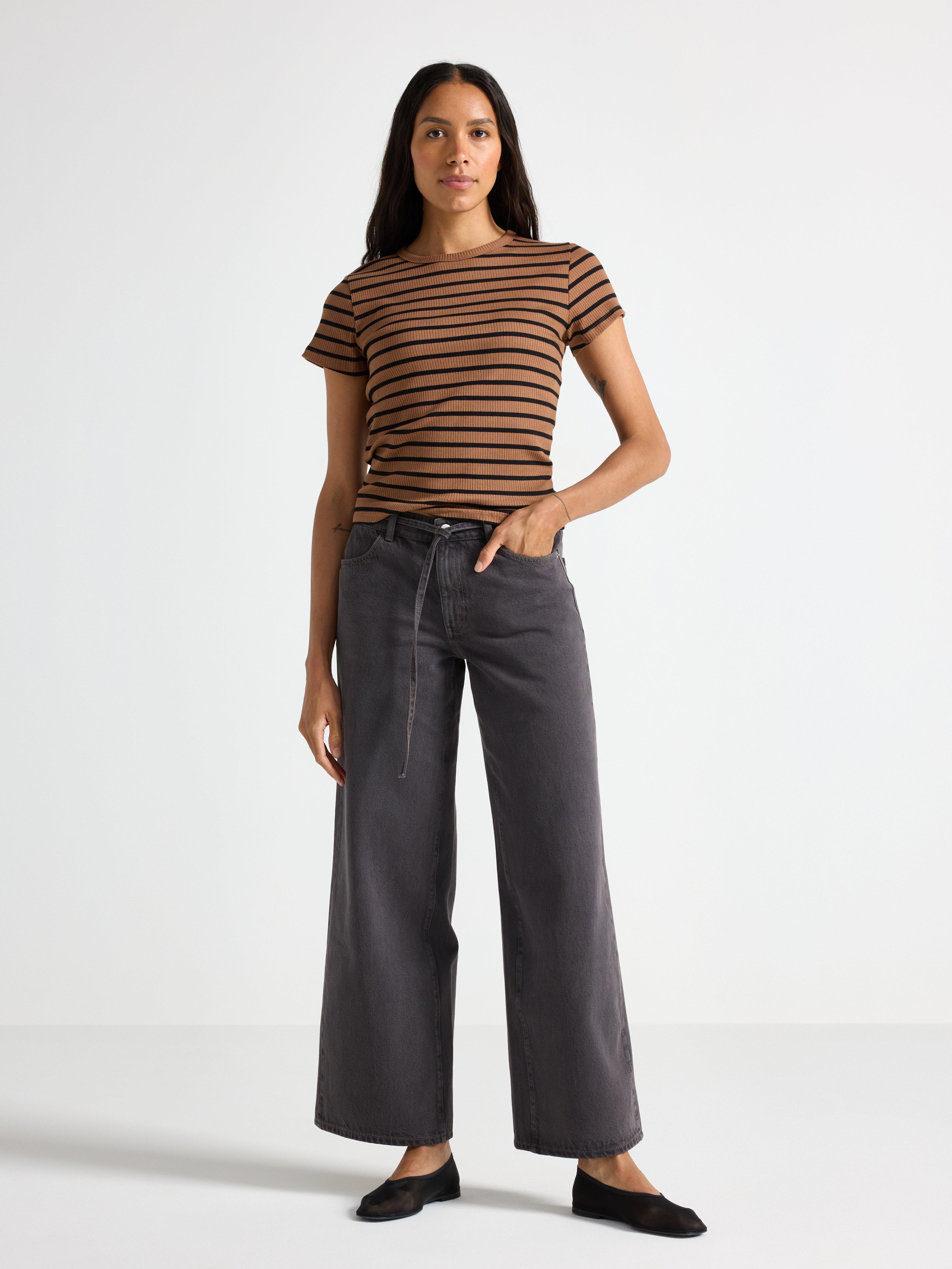 Ribbad kortärmad topp Light Brown