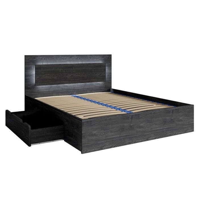 Chambre complète VELTIS – Lit 160x200 LED avec sommier + armoire + commode + chevets – Frêne noir