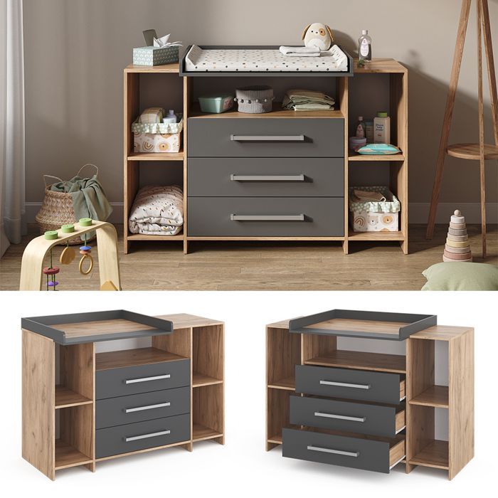 Oskar XL Changing Table 143x100cm with Drawers Anthracite/Sonoma Sonoma Vicco 40348
