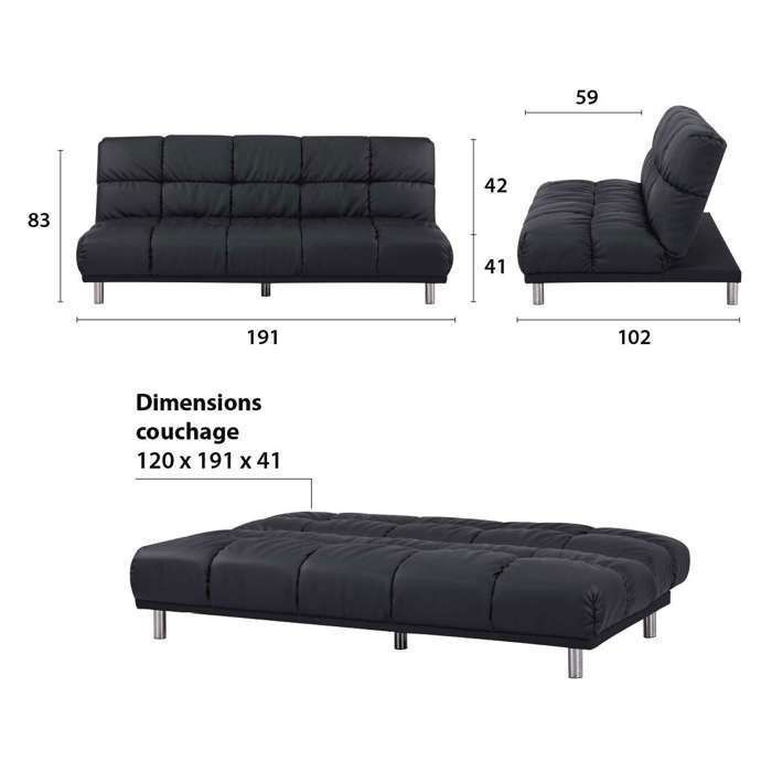 Sofá cama clic-clac para dormir ocasionalmente, tamaño 120 x 191 cm, en acabado PU negro y patas cromadas - MELLOW