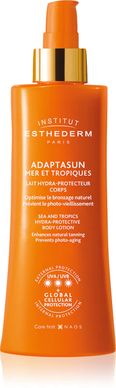 Loção protetora corporal Adaptasun da Institut Esthederm com proteção solar de alta resistência aos raios UV.