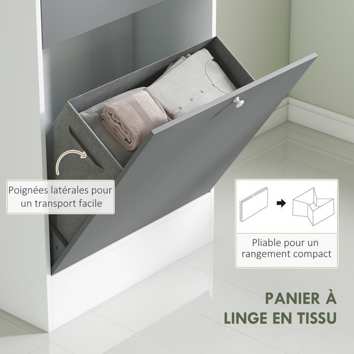 Mueble de baño - HOMCOM - cesto de ropa y espejo - estante ajustable - 62 x 28,3 x 181 cm - gris y blanco