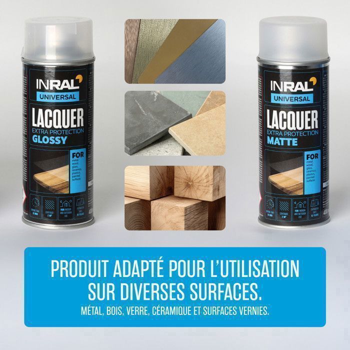 Vernis acrylique transparent brillant INRAL Lacquer – séchage rapide, protection chaleur & rayures – 400 ml