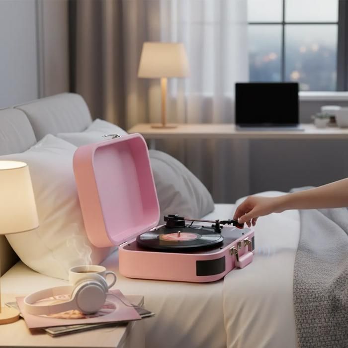 PRIXTON VC600 Turntable, Bluetooth/USB/SD Record Player, Vinyl Record Player and Digitizer, 2 Speakers, Pink