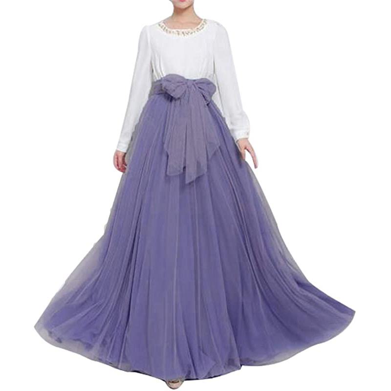 Jupe longue maxi bouffante en tulle pour femme, coupe trapèze, ceinture à nœud papillon, taille haute, idéale pour une soirée de mariage.