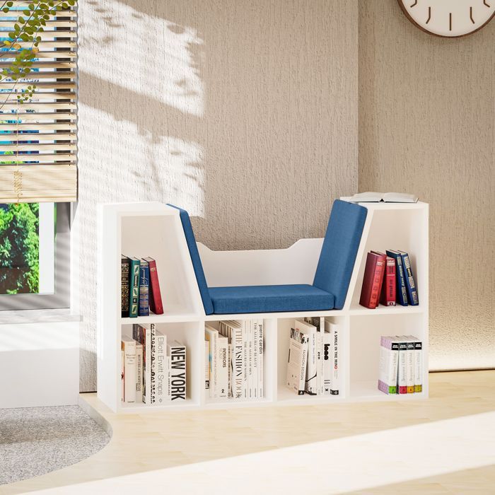 Banco-estantería 2 en 1 - HOMCOM - Estantería cúbica de 6 compartimentos, mueble de almacenamiento para salón - Madera - 102x30x61cm - Azul