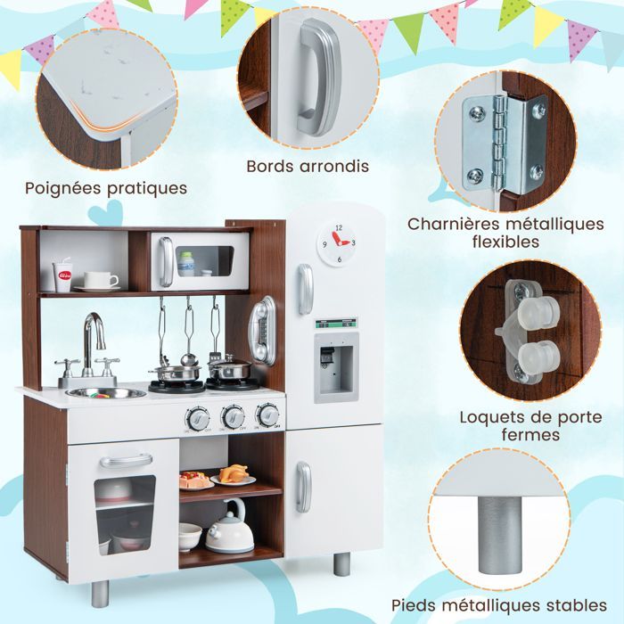 Cocina infantil DREAMADE con reloj y teléfono, efectos de luz y sonido realistas, fuente de agua y perillas giratorias, color marrón.