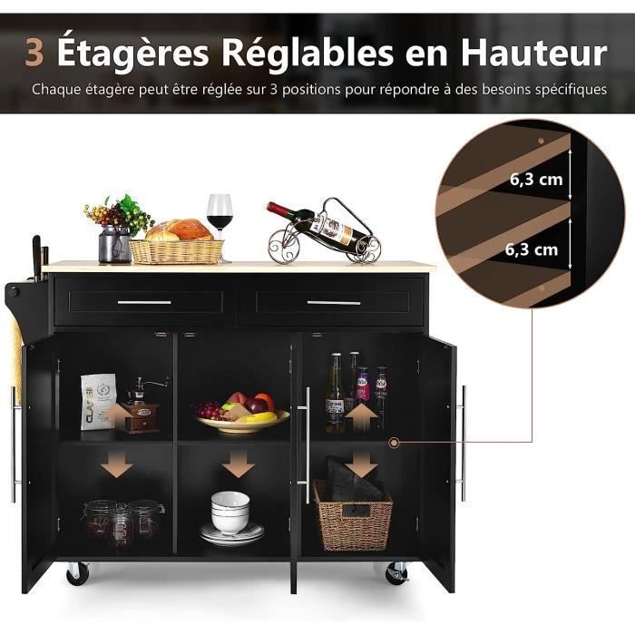 GOPLUS Desserte Îlot de Cuisine à roulettes en Bois avec 2 Placards Étagère 2 Niveaux Réglables et 2 Tiroirs, 122 x 46 x 93 CM,