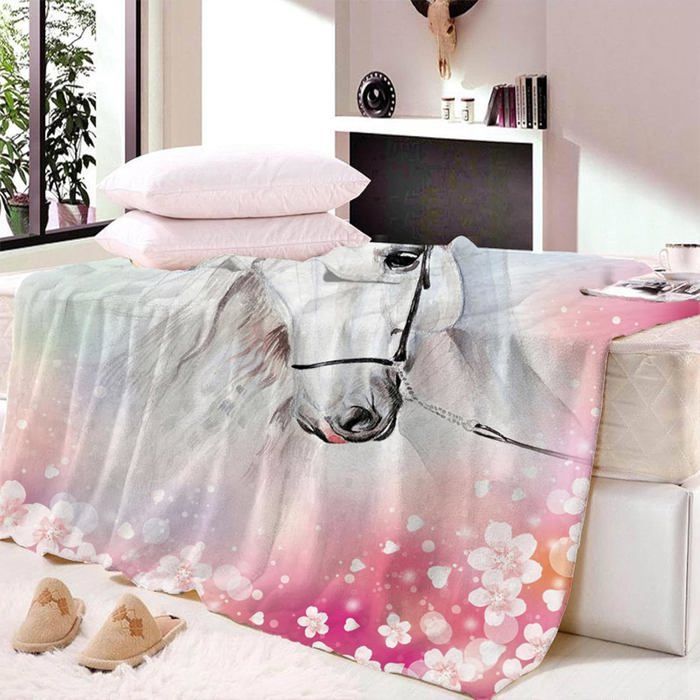 Manta polar con estampado de caballo blanco, 130x150 cm, cálida, suave y mullida, de microfibra.