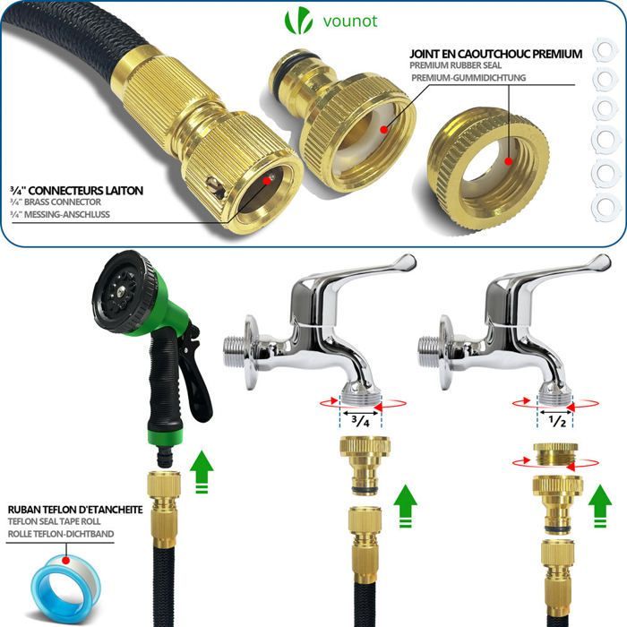 Manguera de jardín extensible reforzada VOUNOT® de 15 m, color negro - 10 modos - Conector y bolsa de almacenamiento incluidos - Flexible y a prueba de fugas
