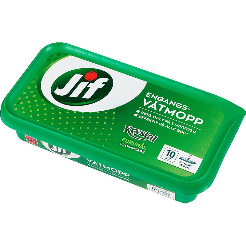 Paquete de 10 fregonas desechables Jif y agujas de pino cristalinas Jif.