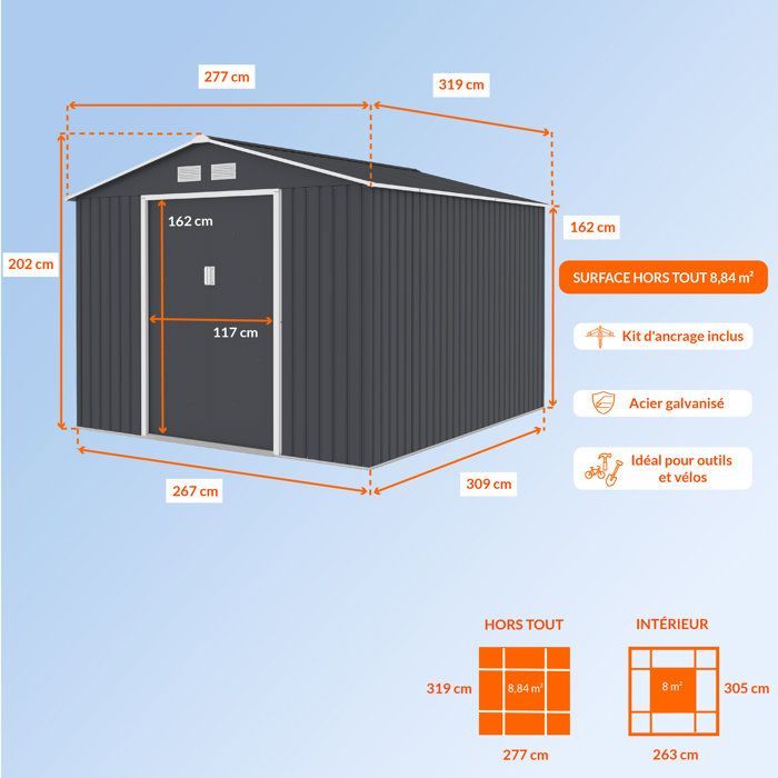 Metalen tuinschuur 8,84 m² - 277 x 319 x 202 cm - URANUS - Inclusief verankeringsset, 2 schuifdeuren - Grijs