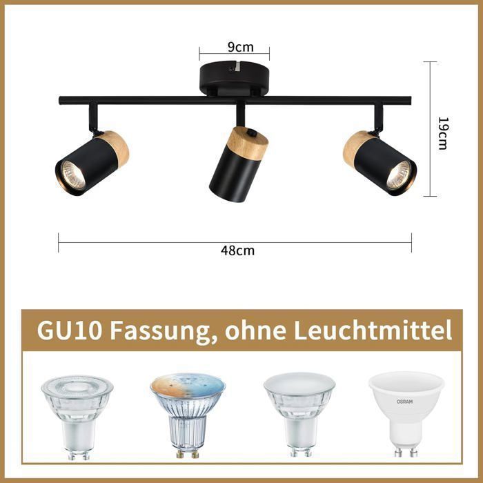 Homefire Plafonnier 3 GU10 Spot Bois - Vintage Noir Spot de plafond Orientable 330° Spot pour salon cuisine hall