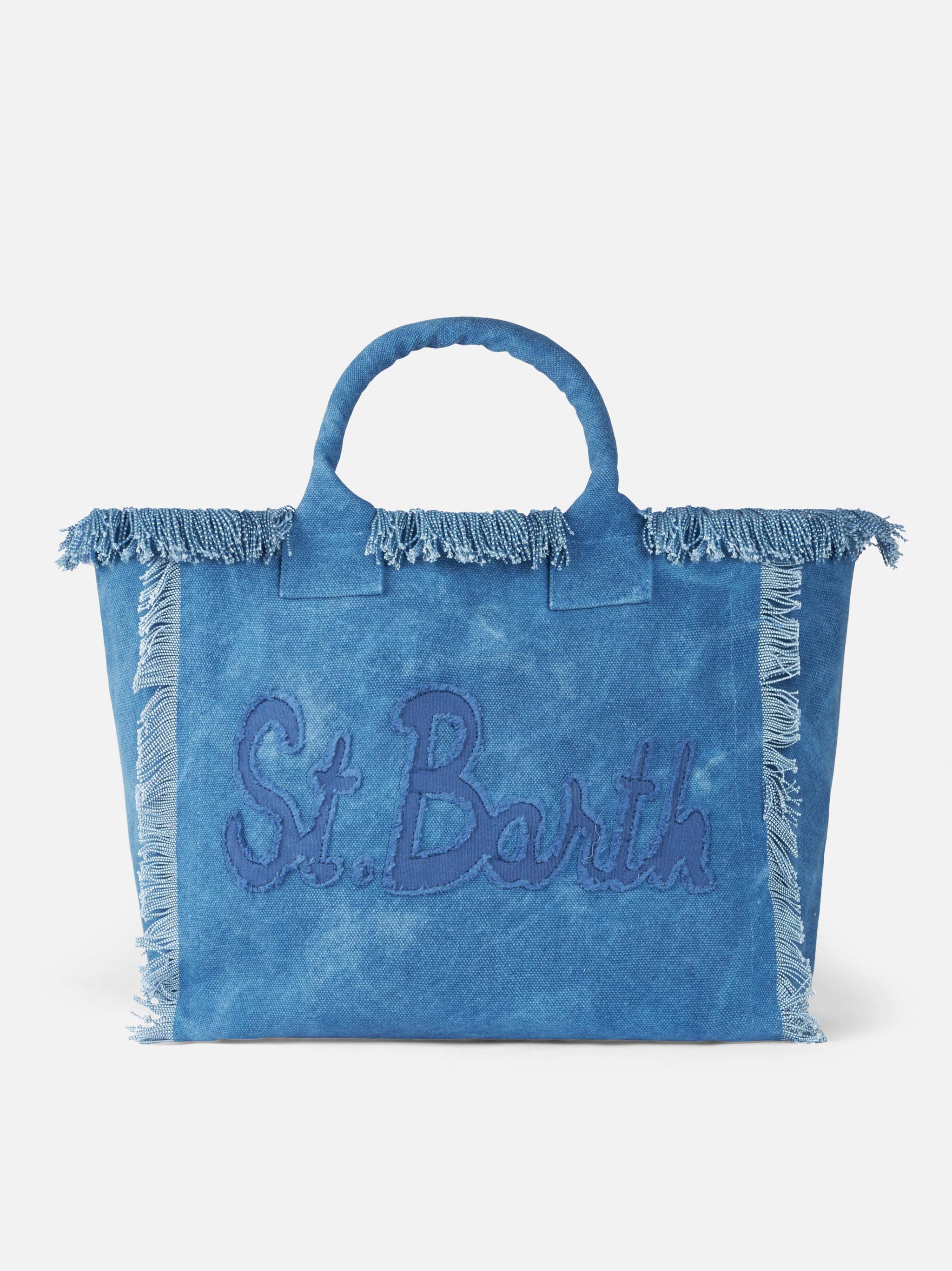 Vanity katoenen canvas draagtas met franjes - denim met Saint Barth-logopatch en ritsvak | MC2 Saint Barth
