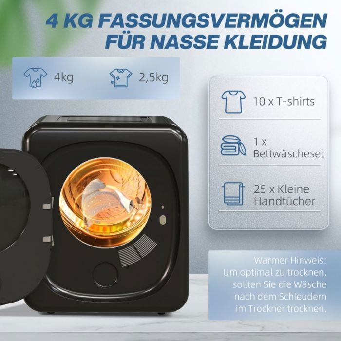 Mini asciugatrice da 4 kg, 800 W, montaggio a parete, 6 programmi, display touch a LED, colore nero, protezione contro il surriscaldamento.