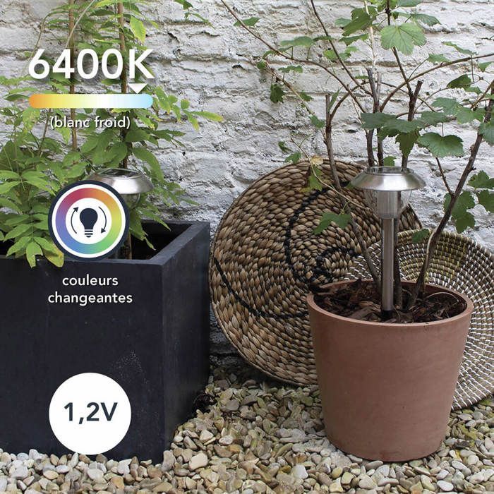 Juego de 4 bolardos solares LED cromados que cambian de color, con montaje sobre estaca, 325 mm de altura - Tibelec