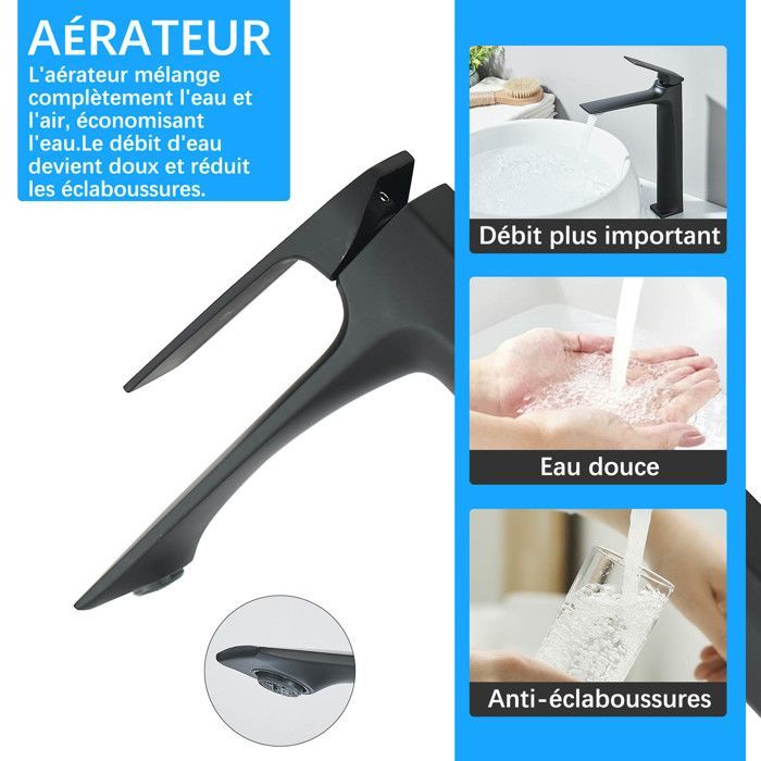 Rubinetto da bagno a cascata, rubinetto moderno nero per lavabo, miscelatore per acqua calda e fredda disponibile con attacco da 3/8