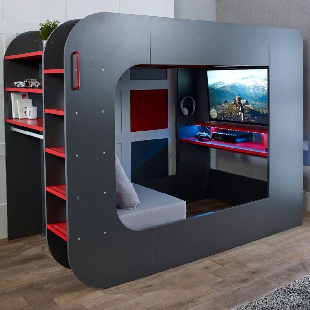 Cama alta para jogos PodBed cinza e vermelha com sofá cinza