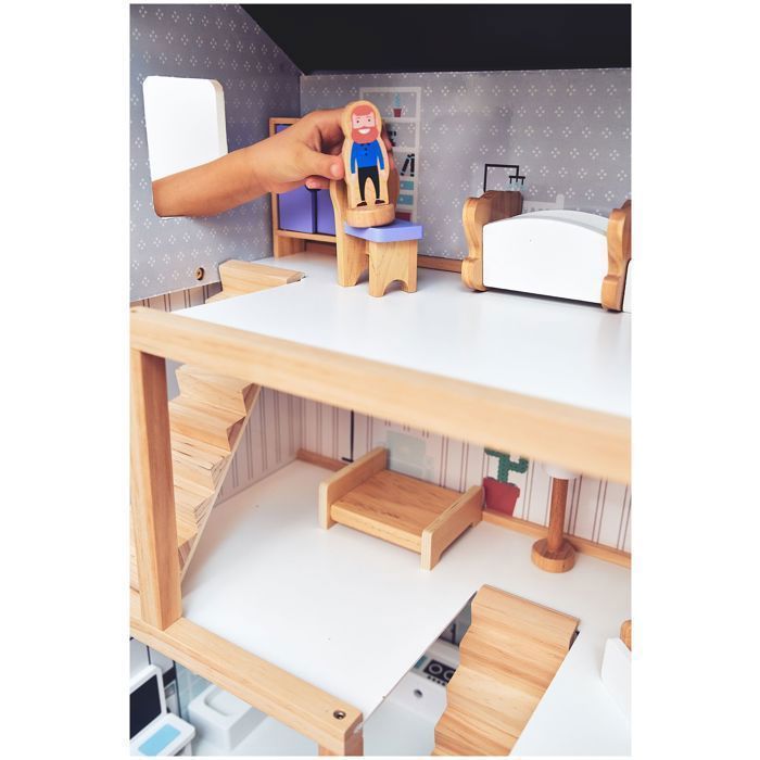 Casa de muñecas MAMABRUM de 70x30x60 cm, 3 niveles, terraza - 19 habitaciones móviles y 4 figuras - Juguete de rol - Certificación CE