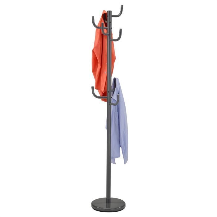 MILA coat rack, freestanding, 174 cm high, with a round base and 8 hooks, grey lacquered metal entryway furniture