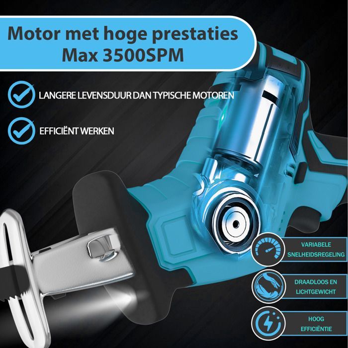 Cordless reciprocating saw, 3,500 strokes/min, brushless motor, with 2 x 3.0 Ah batteries and charger, for wood cutting