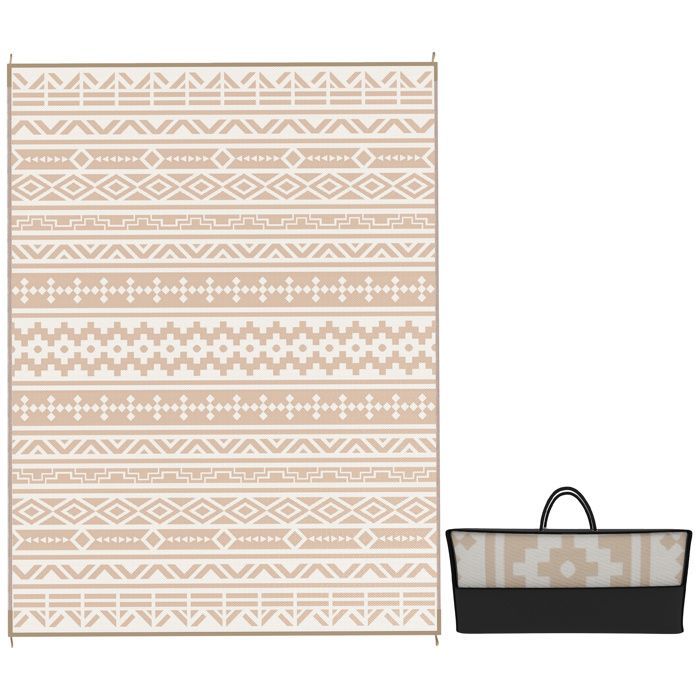 Tapis d'extérieur - Outsunny - réversible - 3,7 x 2,7 m - motif mur géométrique - en PP - sac de transport - kaki et beige clair