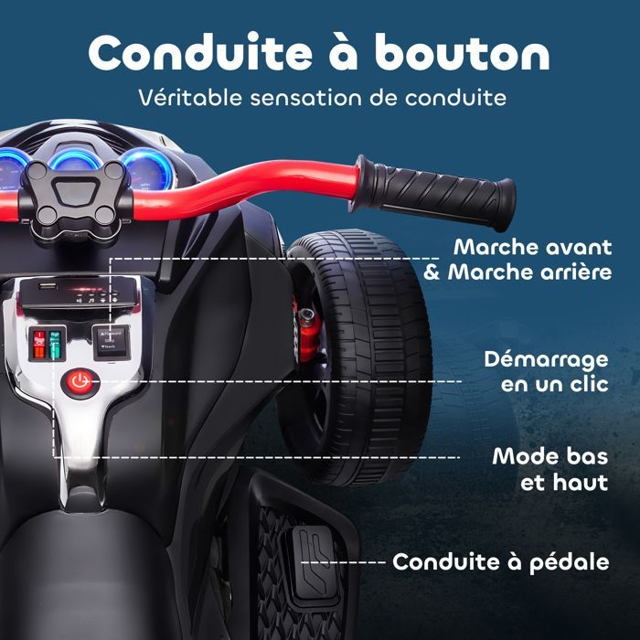 Quad eléctrico infantil - Coche eléctrico para niños - AIYAPLAY - 12V, 3 ruedas, 2 motores, reproductor MP3 - 113 x 74 x 63 cm - Negro