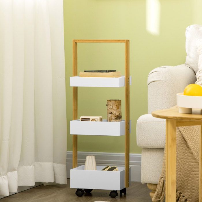 Chariot de rangement - HOMCOM - 3 niveaux desserte étagère à roulettes salle de bain cuisine - bambou bois - 28x18x75cm - blanc