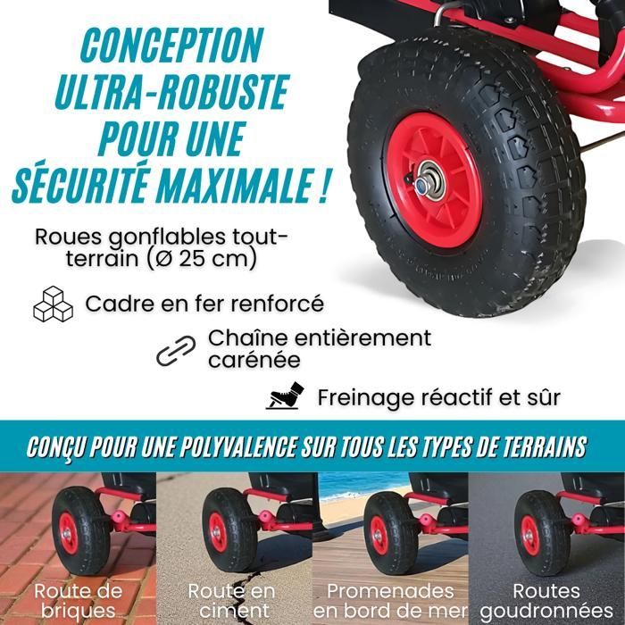 Go-Kart à Pédales - DEVESSPORT - Rouge - Siège Réglable - Frein à Main - Roues Gonflables