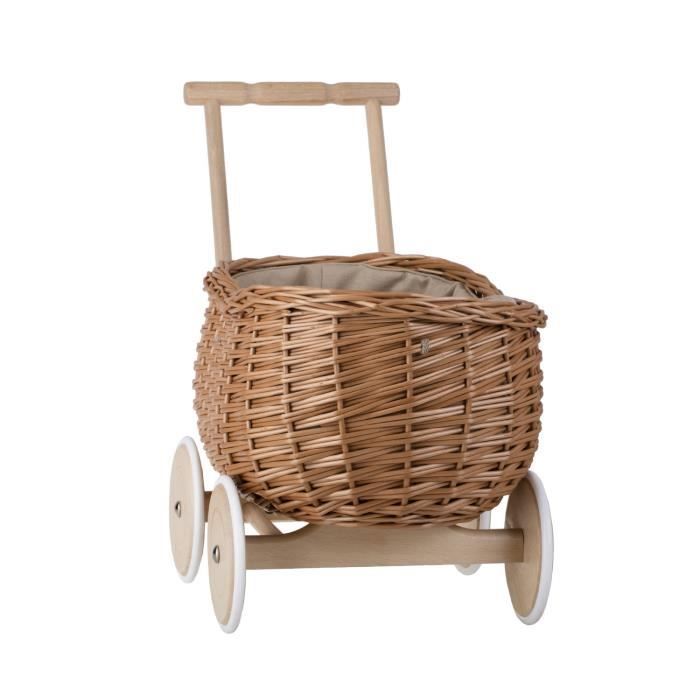Jouet - Chariot Trotteur en Osier Naturel avec Roues en Bois - Age 3 ans - Solide et Stable