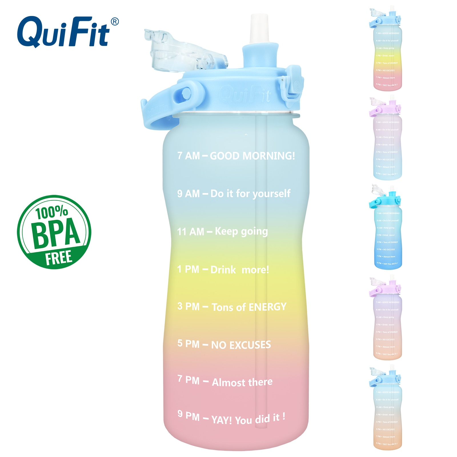 Quifit 2-Liter-Wasserflasche mit Strohhalm und Zeitmarkierungen – 2200 ml große, BPA-freie Sport-Trinkflasche für Erwachsene