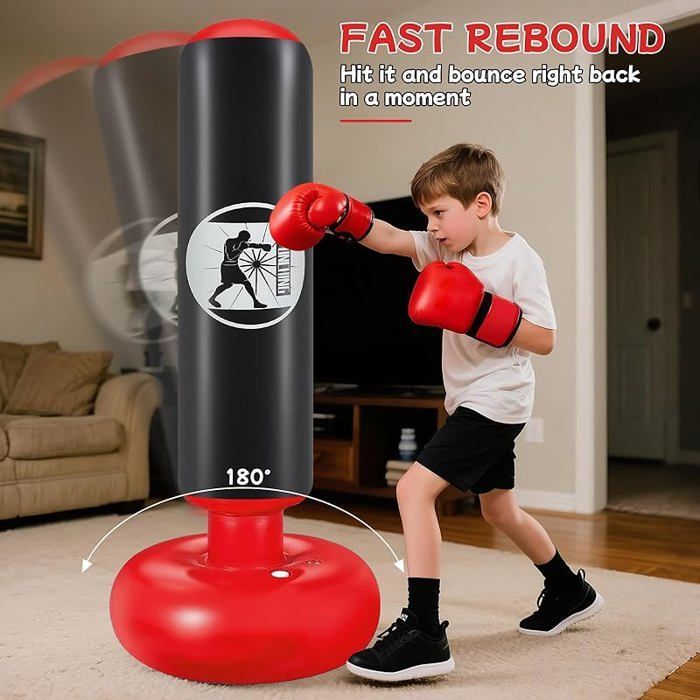 Saco de boxeo inflable independiente para niños de 160 cm con bomba de aire y guantes de boxeo, color negro. Set de regalo.